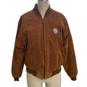 Vintage NAF NAF Carmel Suede Leather Bomber Jacket Embroidered Logo Medium
